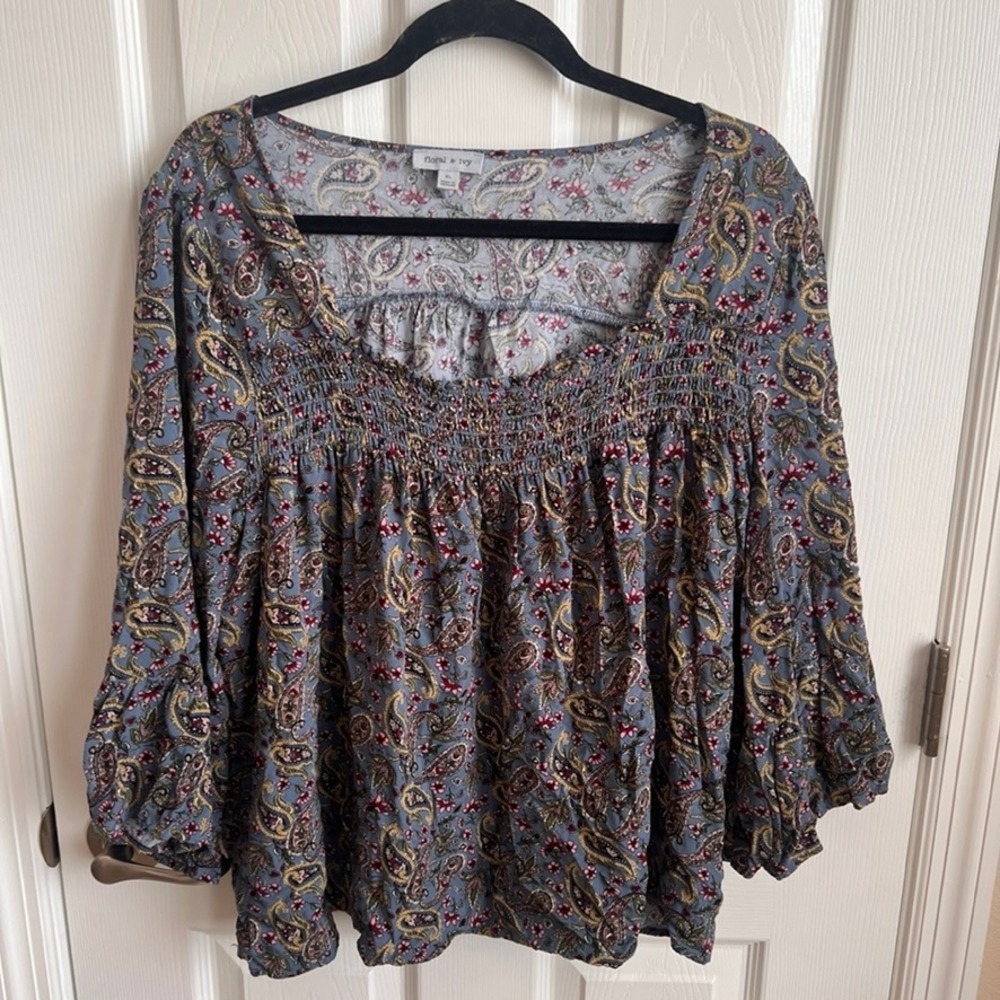 Floral & Ivy Paisley‎ Blouse Top XL Blue Red Gold Smocked Square Neck 3/4 Sleeve
